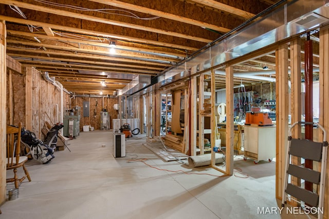 unfinished basement with water heater and electric panel