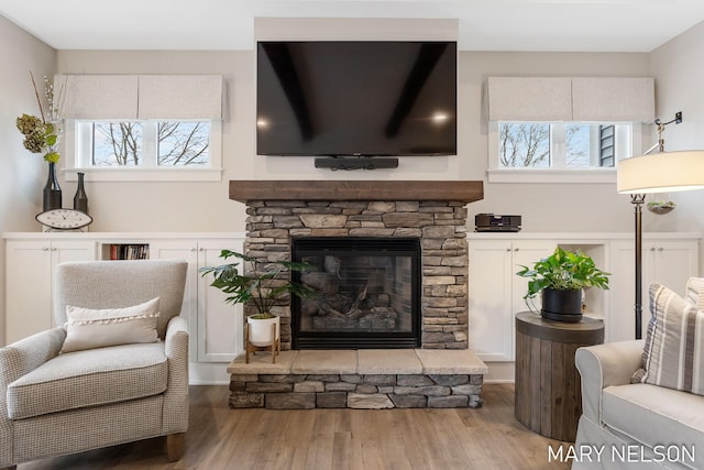 living room with a stone fireplace, a healthy amount of sunlight, and wood finished floors