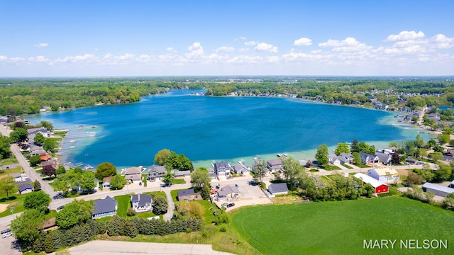 aerial view with a water view and a residential view