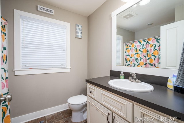 full bath with toilet, tile patterned floors, visible vents, and vanity