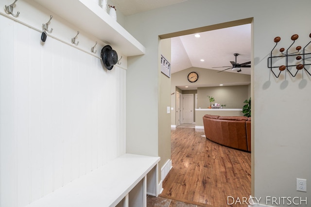 mudroom featuring visible vents, a ceiling fan, lofted ceiling, wood finished floors, and recessed lighting