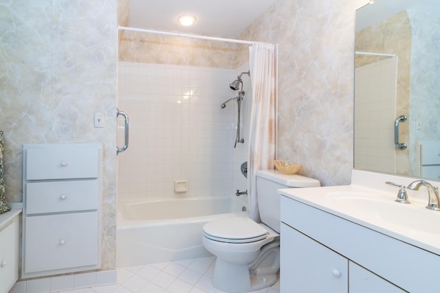 full bathroom with toilet, shower / tub combo, tile patterned flooring, and vanity