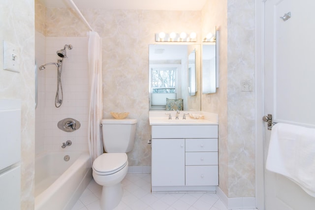 full bath with shower / bathtub combination with curtain, toilet, vanity, baseboards, and tile patterned floors