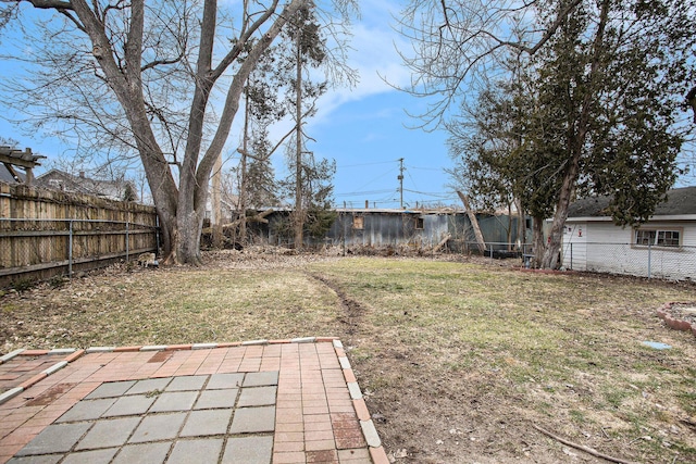 view of yard with a fenced backyard and a patio