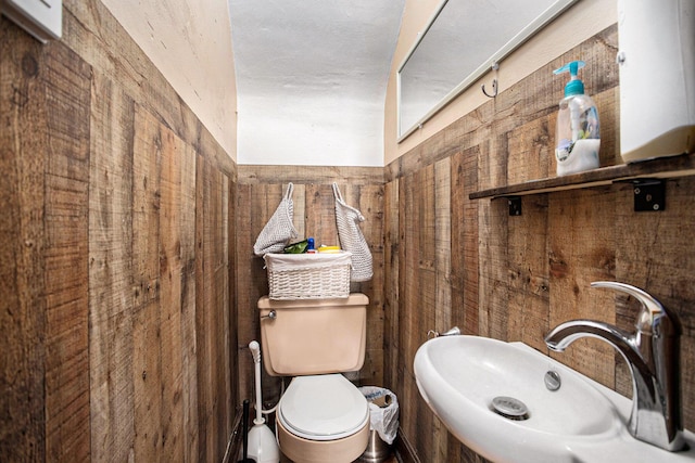 bathroom with toilet, wooden walls, and a sink