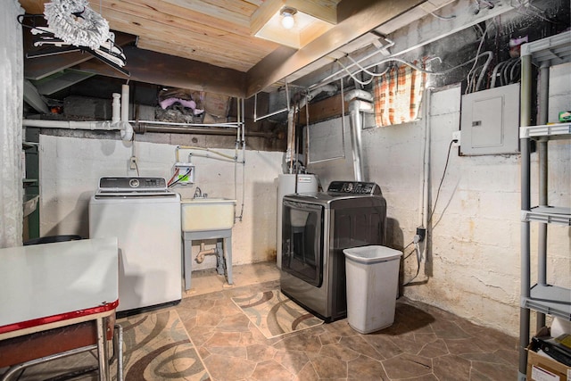 laundry room with laundry area, washer and clothes dryer, a sink, and electric panel