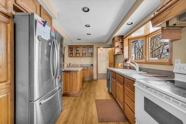 kitchen with electric stove, freestanding refrigerator, a sink, dishwashing machine, and exhaust hood