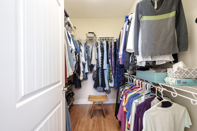 walk in closet with wood finished floors