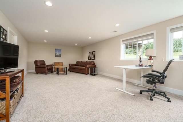 carpeted home office with baseboards and recessed lighting