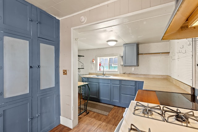 kitchen with white range with gas stovetop, a sink, blue cabinetry, and wood finished floors