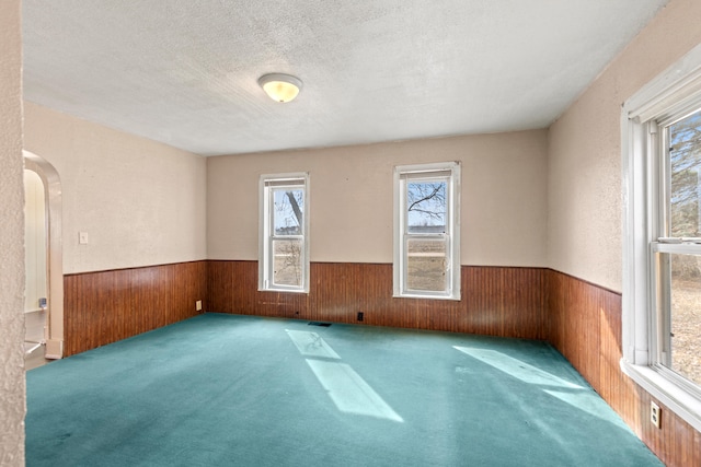 carpeted spare room featuring a wainscoted wall, wood walls, and a textured ceiling