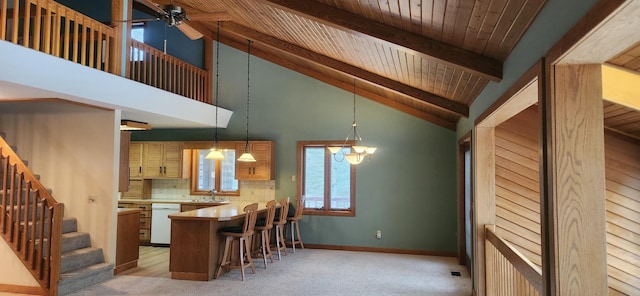 kitchen featuring beam ceiling, light countertops, backsplash, a sink, and dishwasher