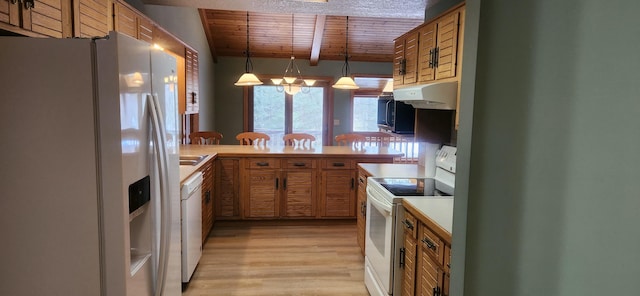 kitchen featuring brown cabinets, light wood finished floors, wood ceiling, white appliances, and under cabinet range hood