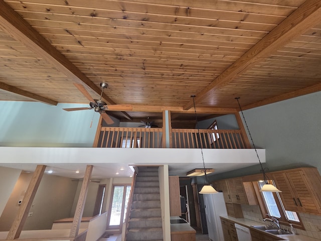 3075 Mineral Springs Trl, Mount Pleasant, MI 48858 - detailed view of ceiling fan, dishwasher, a wood ceiling with exposed beams, and decorative light fixtures