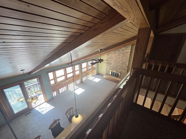 3075 Mineral Springs Trl, Mount Pleasant, MI 48858 - staircase with carpet floors, a ceiling fan, and vaulted ceiling