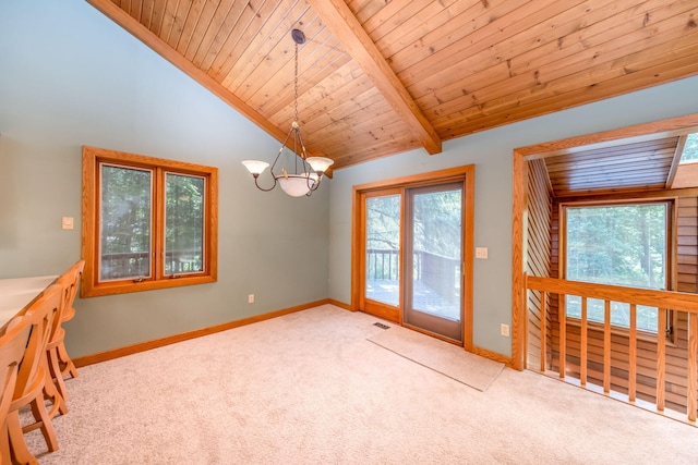 3075 Mineral Springs Trl, Mount Pleasant, MI 48858 - unfurnished dining area featuring wooden ceiling, carpet floors, and a chandelier