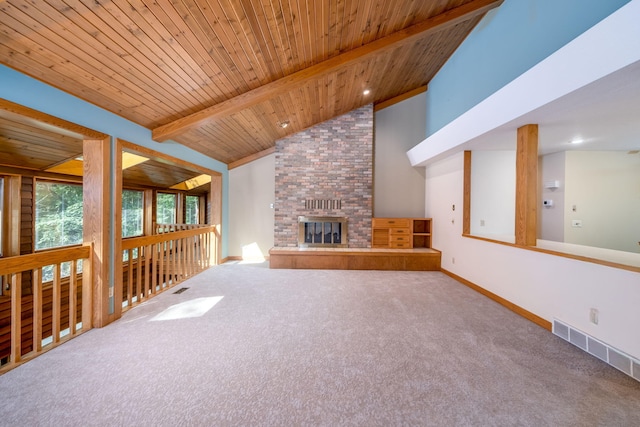 3075 Mineral Springs Trl, Mount Pleasant, MI 48858 - unfurnished living room featuring carpet, a brick fireplace, a wooden ceiling with exposed beams, and high vaulted ceiling