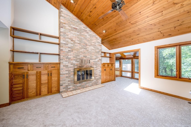 3075 Mineral Springs Trl, Mount Pleasant, MI 48858 - unfurnished living room with high vaulted ceiling, wood ceiling, carpet flooring, a ceiling fan, and a brick fireplace