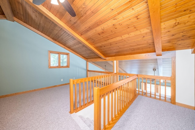 3075 Mineral Springs Trl, Mount Pleasant, MI 48858 - hallway with carpet flooring, wooden ceiling, and an upstairs landing