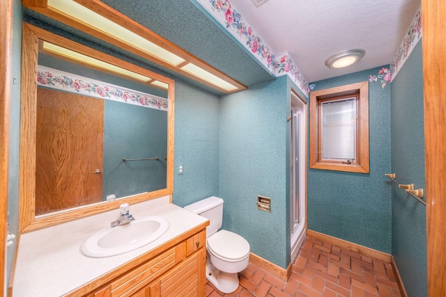 3075 Mineral Springs Trl, Mount Pleasant, MI 48858 - full bathroom featuring vanity, brick floors, a stall shower, and a textured ceiling