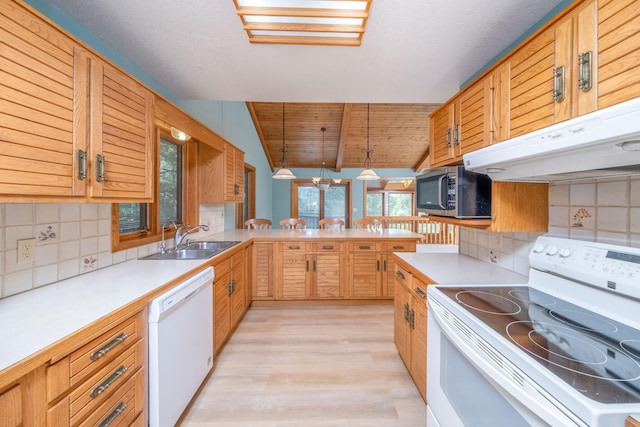 3075 Mineral Springs Trl, Mount Pleasant, MI 48858 - kitchen featuring white appliances, healthy amount of natural light, light wood finished floors, backsplash, and wooden ceiling