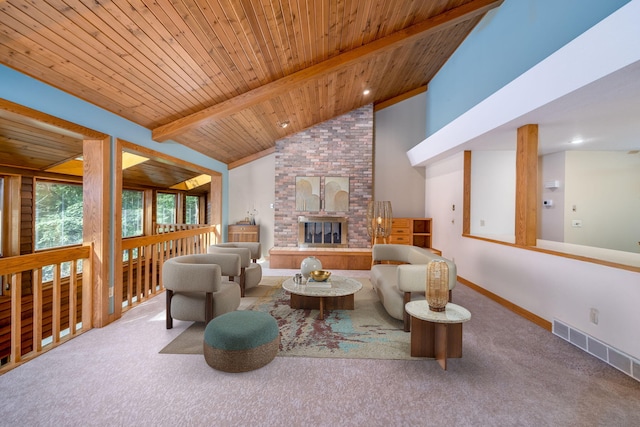 3075 Mineral Springs Trl, Mount Pleasant, MI 48858 - carpeted living room with a fireplace, a wooden ceiling with exposed beams, and high vaulted ceiling