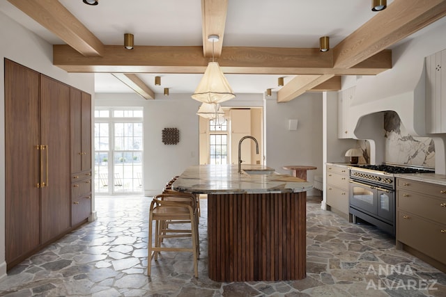 727 Plymouth Rd SE, East Grand Rapids, MI 49506 - kitchen featuring double oven range, stone flooring, beamed ceiling, a breakfast bar, and a kitchen island with sink