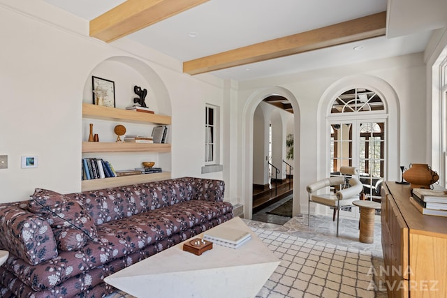 727 Plymouth Rd SE, East Grand Rapids, MI 49506 - living room with arched walkways, beam ceiling, and recessed lighting