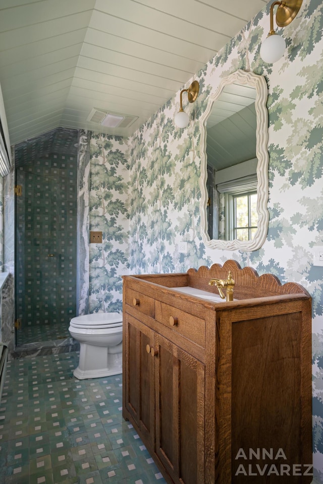 727 Plymouth Rd SE, East Grand Rapids, MI 49506 - bathroom featuring wallpapered walls, vanity, tile patterned floors, and vaulted ceiling