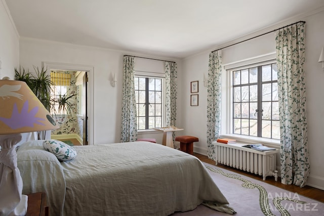 727 Plymouth Rd SE, East Grand Rapids, MI 49506 - bedroom with radiator, wood finished floors, and ornamental molding