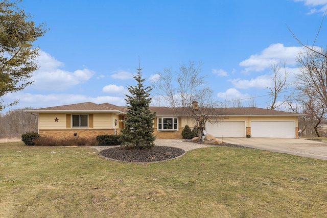 single story home featuring a front yard, concrete driveway, brick siding, and an attached garage