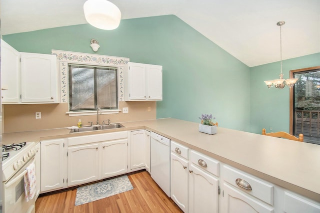 kitchen featuring white appliances, lofted ceiling, light wood-type flooring, white cabinetry, and a sink