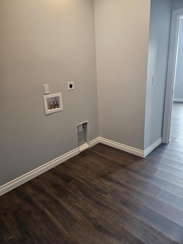 laundry room with laundry area, baseboards, dark wood-style floors, washer hookup, and electric dryer hookup