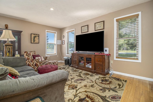 living room featuring wood-type flooring, baseboards, and a textured ceiling