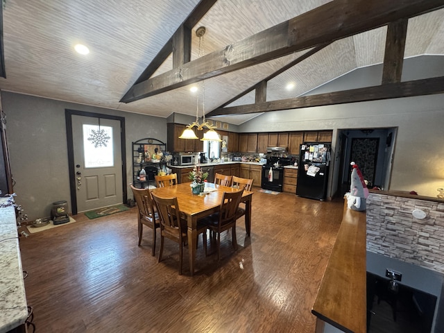 dining space featuring vaulted ceiling with beams, dark wood-type flooring, and a notable chandelier