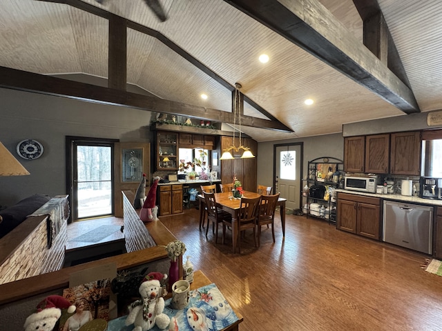 dining area featuring lofted ceiling with beams, wood ceiling, and dark wood finished floors