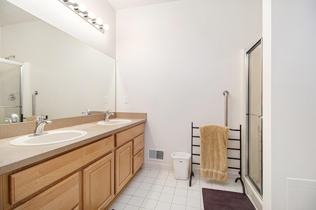 full bath with a sink, visible vents, and a shower stall