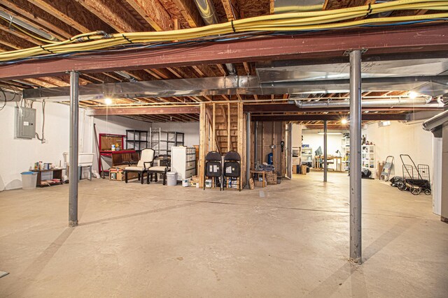 unfinished basement featuring electric panel