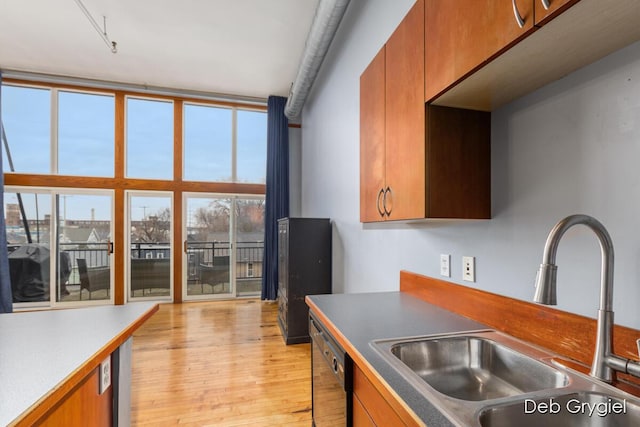 kitchen with a sink, black dishwasher, light wood-type flooring, brown cabinets, and a wall of windows