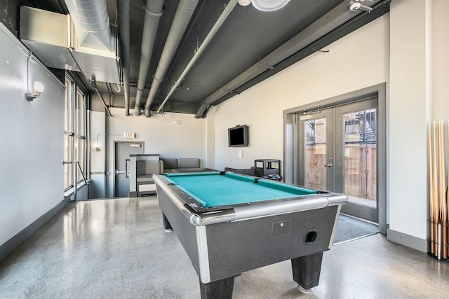 game room with french doors, billiards, and baseboards