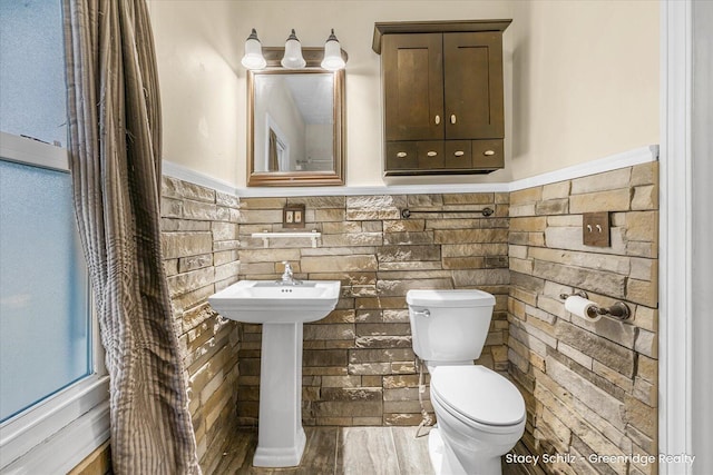 half bathroom with wainscoting, a sink, and toilet