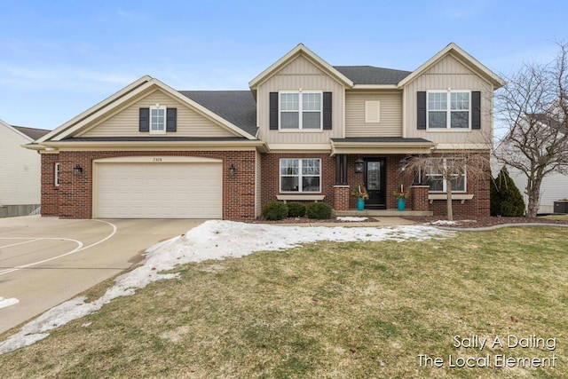 view of front facade featuring board and batten siding, a front yard, brick siding, and driveway