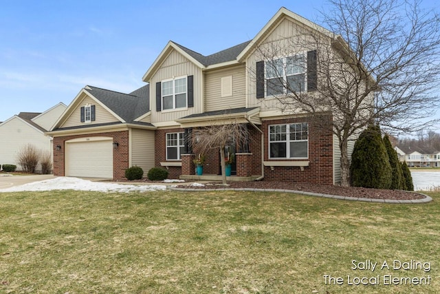 view of front of home with concrete driveway, brick siding, board and batten siding, and a front yard