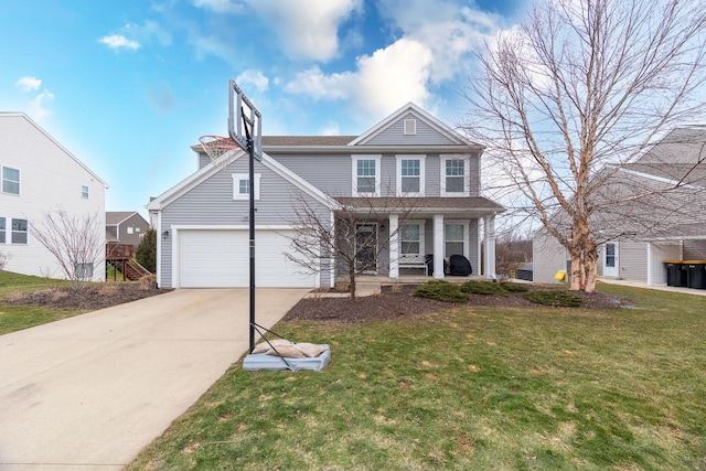 traditional home with driveway, a garage, a front lawn, and a porch