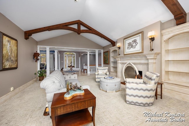 living area with built in features, carpet floors, a fireplace, lofted ceiling with beams, and baseboards