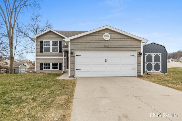 view of front of home with a garage, a storage shed, concrete driveway, and a front yard