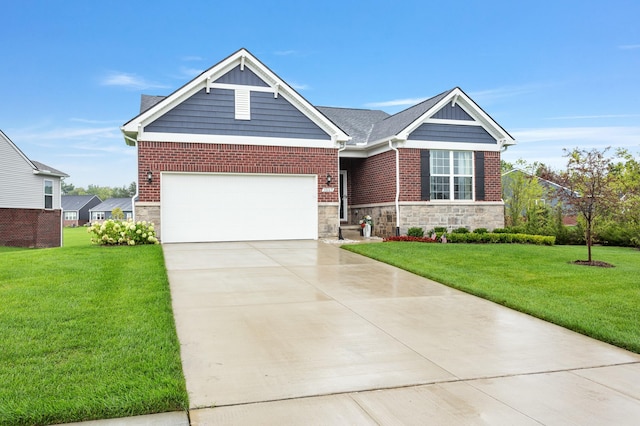 craftsman-style house featuring driveway, an attached garage, a front lawn, and brick siding