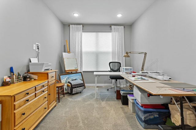 home office with carpet floors, recessed lighting, and baseboards