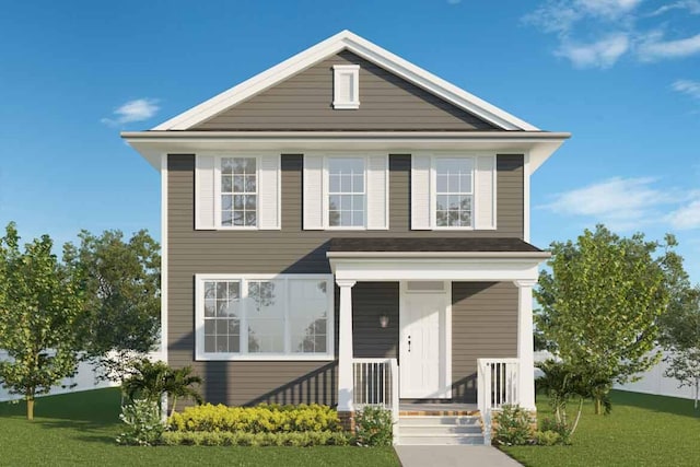 view of front facade with covered porch and a front lawn