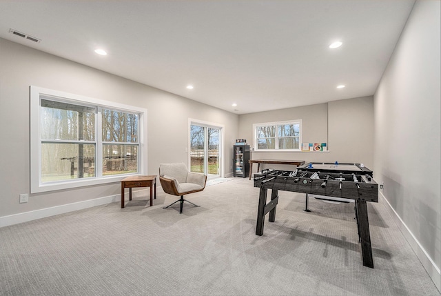 recreation room featuring carpet floors, recessed lighting, visible vents, and baseboards